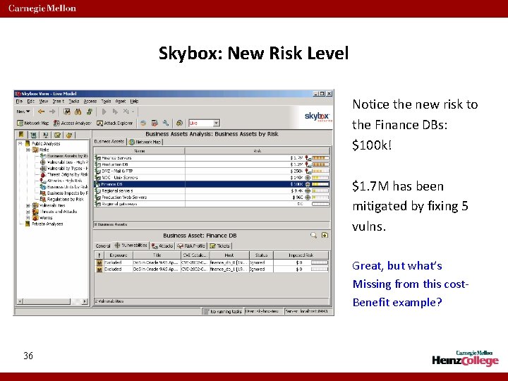 Skybox: New Risk Level Notice the new risk to the Finance DBs: $100 k!
