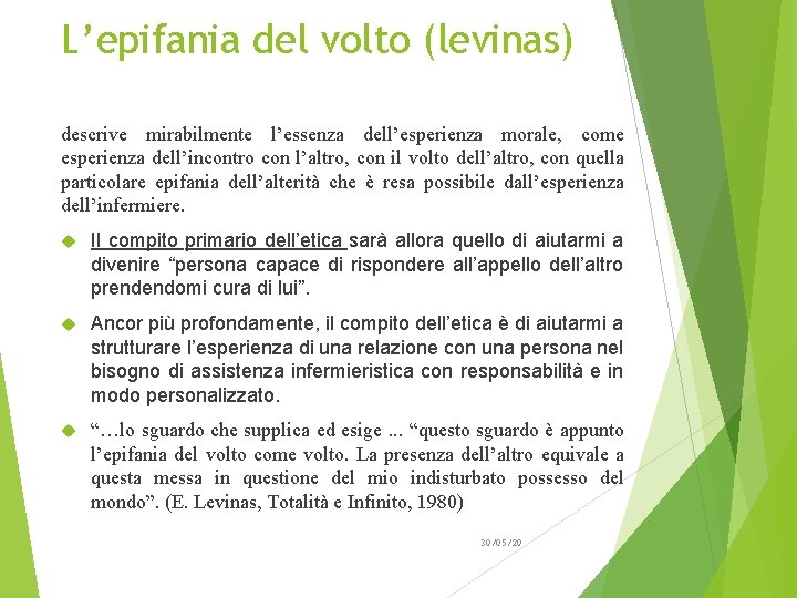 L’epifania del volto (levinas) descrive mirabilmente l’essenza dell’esperienza morale, come esperienza dell’incontro con l’altro,