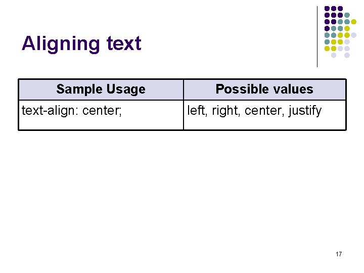 Aligning text Sample Usage text-align: center; Possible values left, right, center, justify 17 