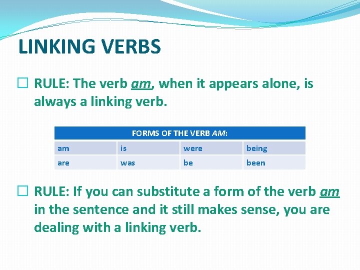 LINKING VERBS � RULE: The verb am, when it appears alone, is always a