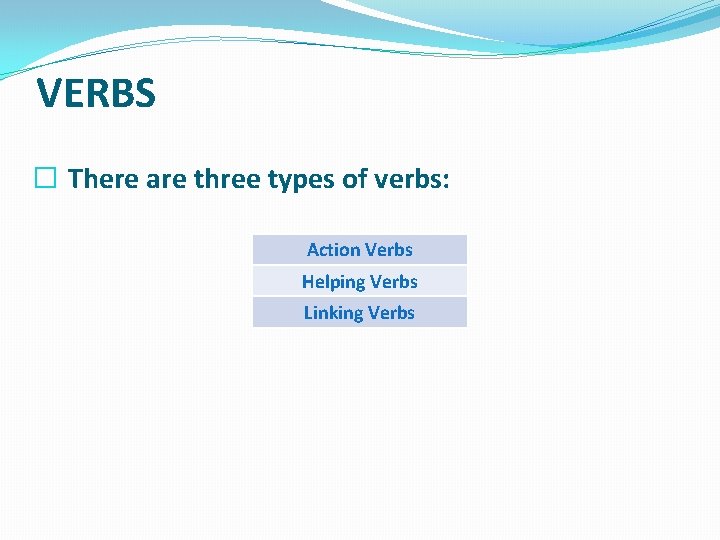 VERBS � There are three types of verbs: Action Verbs Helping Verbs Linking Verbs