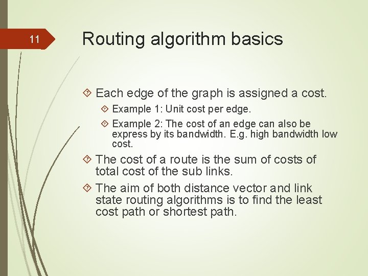 11 Routing algorithm basics Each edge of the graph is assigned a cost. Example