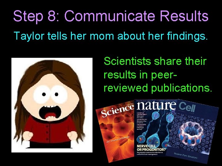 Step 8: Communicate Results Taylor tells her mom about her findings. Scientists share their