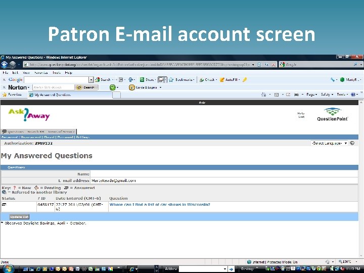 Patron E-mail account screen 