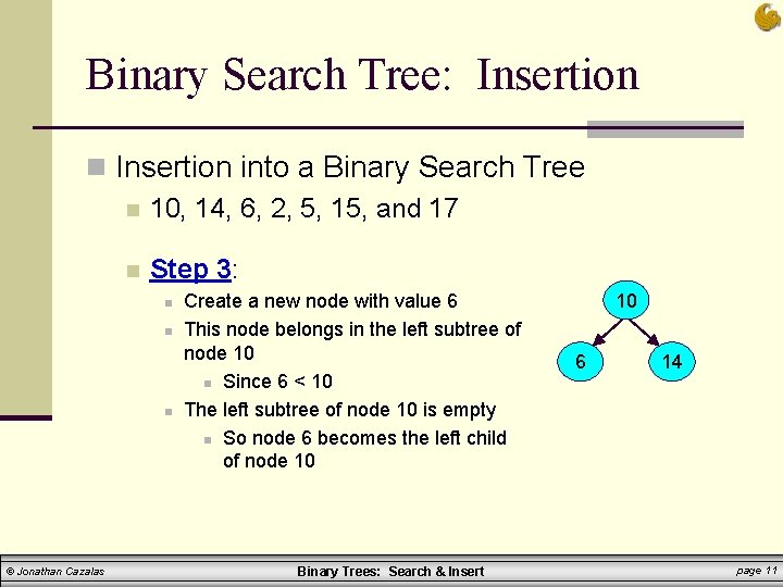 Binary Search Tree: Insertion n Insertion into a Binary Search Tree n 10, 14, Binary Search Tree: Insertion n Insertion into a Binary Search Tree n 10, 14,