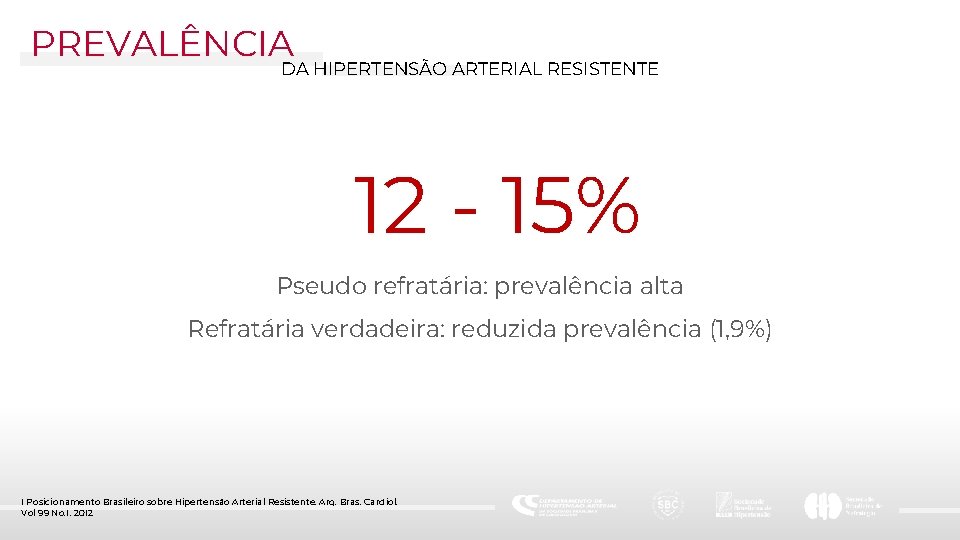 PREVALÊNCIA DA HIPERTENSÃO ARTERIAL RESISTENTE 12 - 15% Pseudo refratária: prevalência alta Refratária verdadeira: