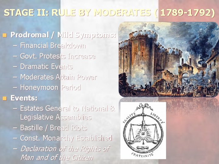 STAGE II: RULE BY MODERATES ( 1789 -1792) Prodromal / Mild Symptoms: – Financial