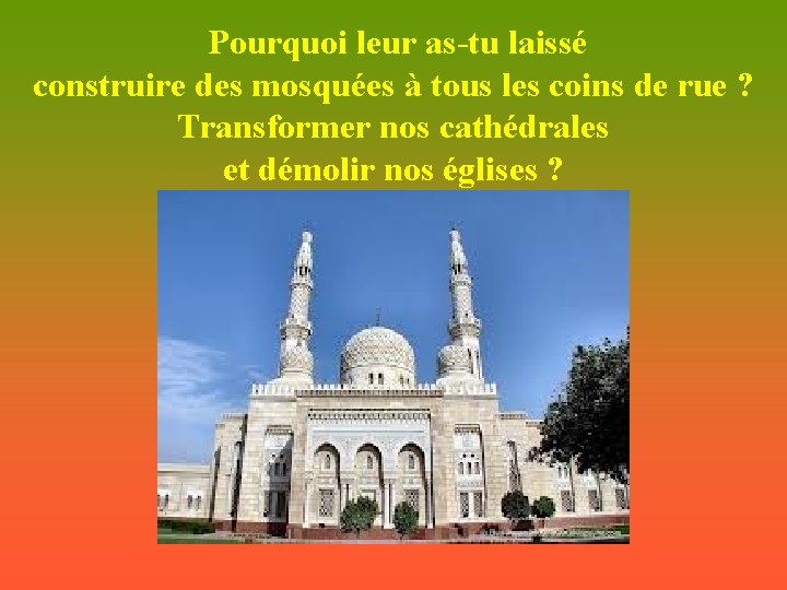 Pourquoi leur as-tu laissé construire des mosquées à tous les coins de rue ?