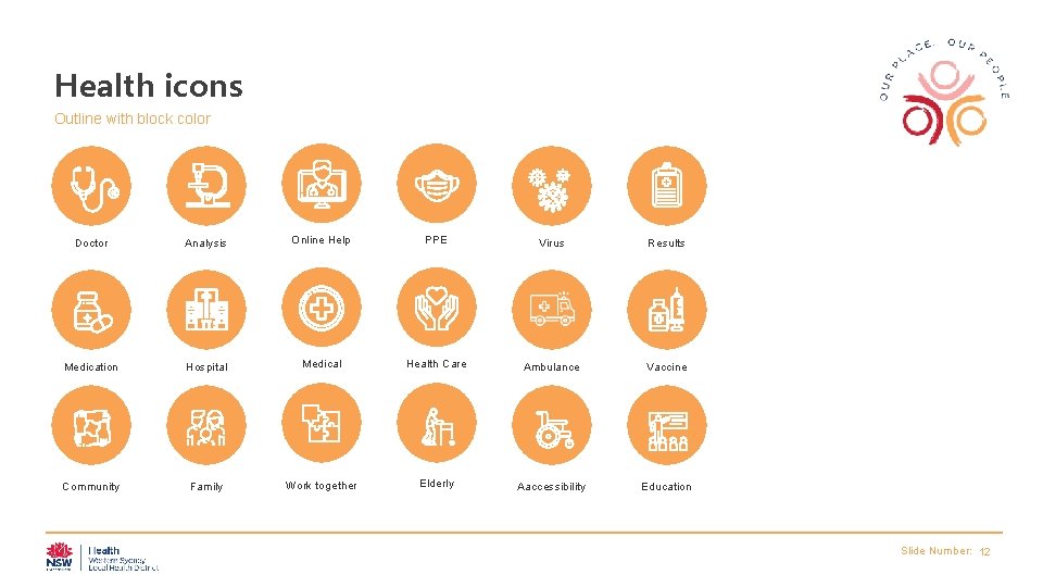 Health icons Outline with block color Doctor Analysis Online Help PPE Virus Results Medication