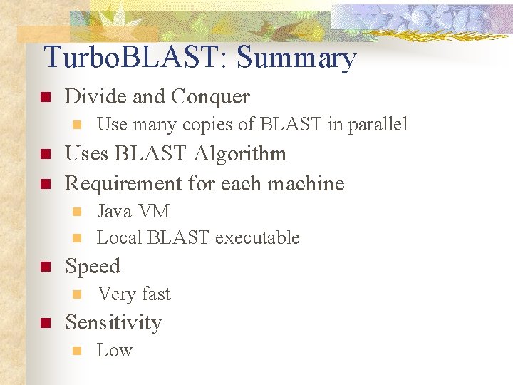 Turbo. BLAST: Summary n Divide and Conquer n n n Uses BLAST Algorithm Requirement Turbo. BLAST: Summary n Divide and Conquer n n n Uses BLAST Algorithm Requirement