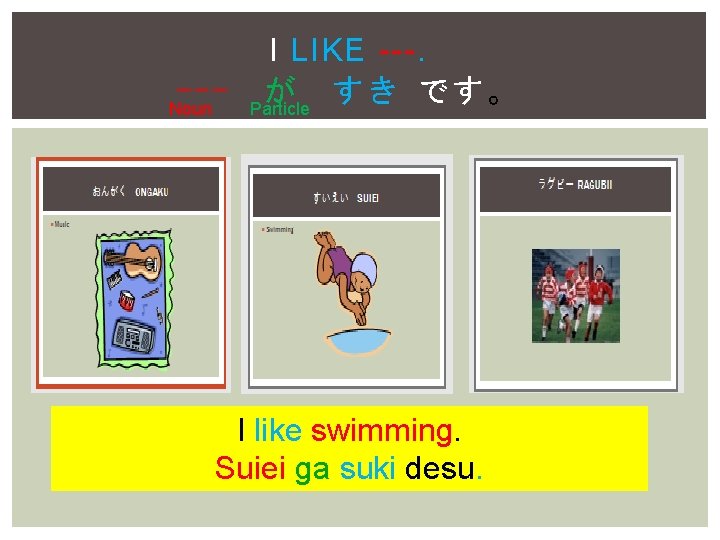 I LIKE --- Particle が すき です。 Noun I like swimming. Suiei ga suki
