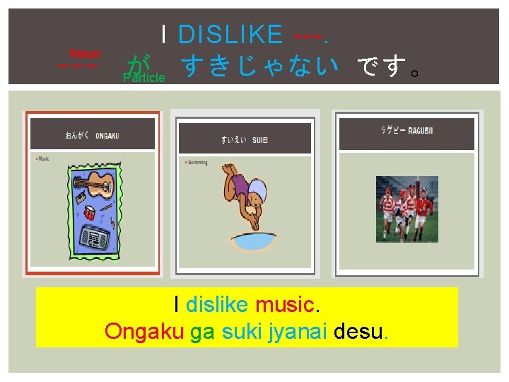 Noun --- I DISLIKE ---. が すきじゃない です。 Particle I dislike music. Ongaku ga