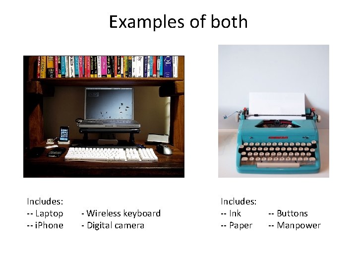 Examples of both Includes: -- Laptop -- i. Phone - Wireless keyboard - Digital