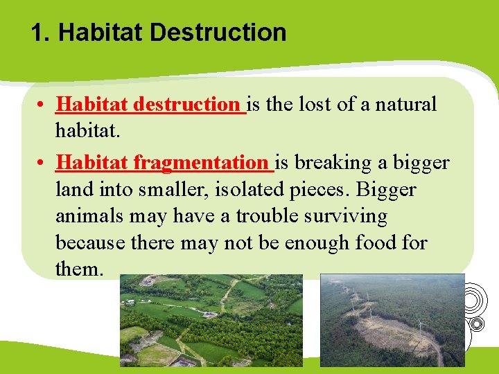 1. Habitat Destruction • Habitat destruction is the lost of a natural habitat. •