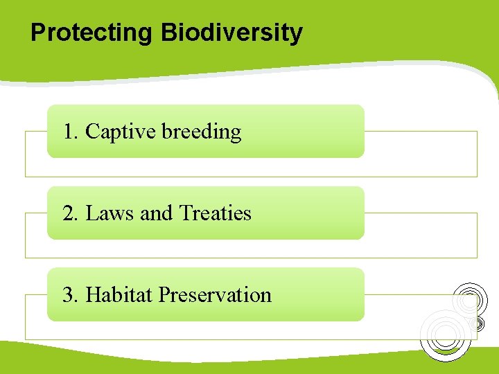 Protecting Biodiversity 1. Captive breeding 2. Laws and Treaties 3. Habitat Preservation 