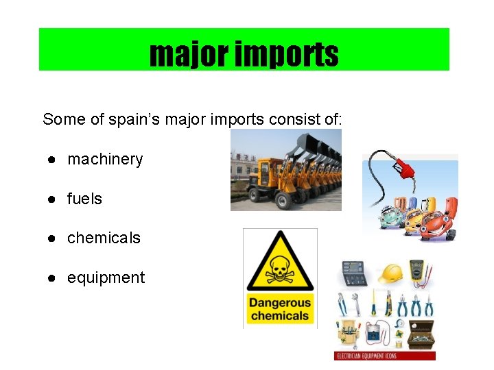 major imports Some of spain’s major imports consist of: ● machinery ● fuels ●