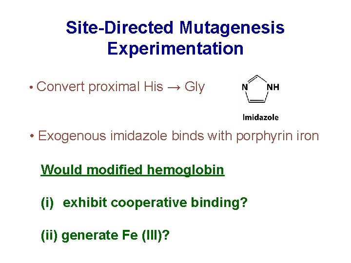 Site-Directed Mutagenesis Experimentation • Convert proximal His → Gly • Exogenous imidazole binds with