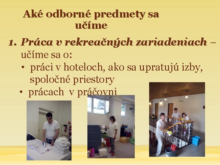 Aké odborné predmety sa učíme 1. Práca v rekreačných zariadeniach – učíme sa o: