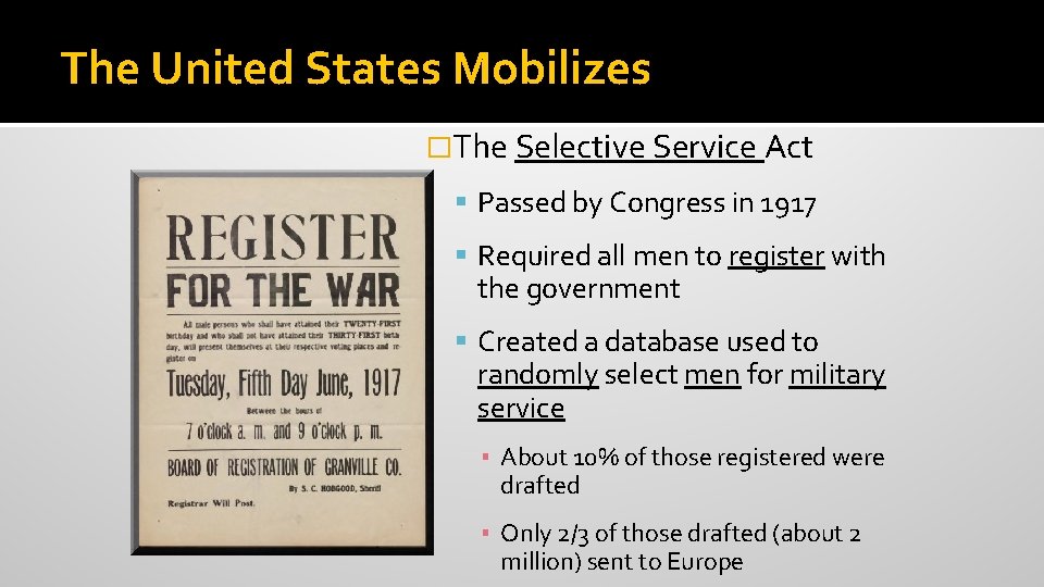 The United States Mobilizes �The Selective Service Act Passed by Congress in 1917 Required