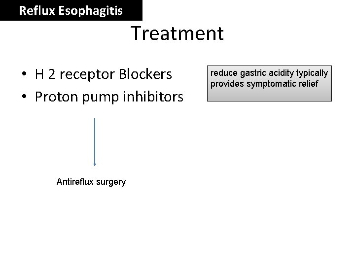 Reflux Esophagitis Treatment • H 2 receptor Blockers • Proton pump inhibitors Antireflux surgery