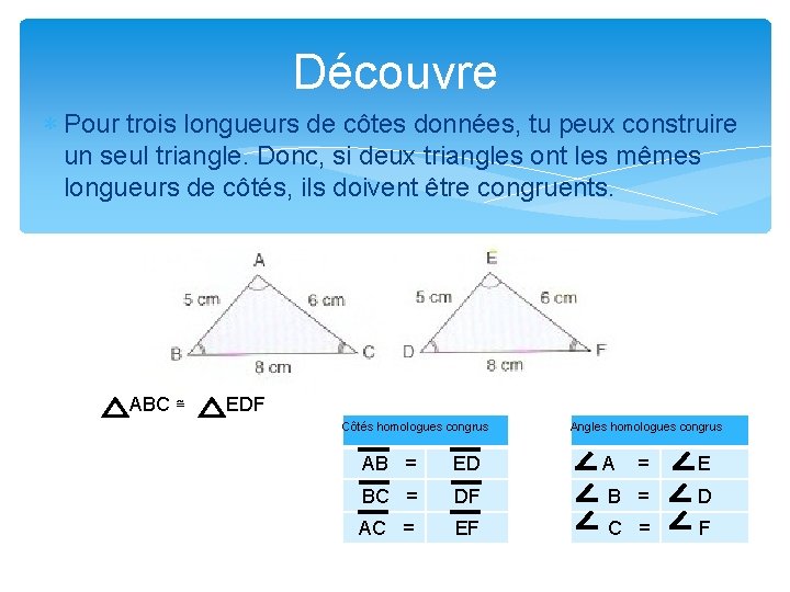 Découvre ∗ Pour trois longueurs de côtes données, tu peux construire un seul triangle.