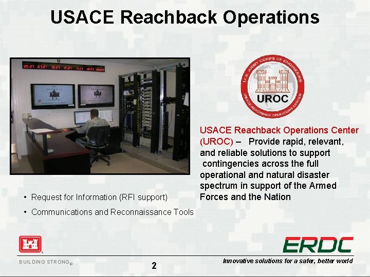 USACE Reachback Operations • Request for Information (RFI support) USACE Reachback Operations Center (UROC) USACE Reachback Operations • Request for Information (RFI support) USACE Reachback Operations Center (UROC)