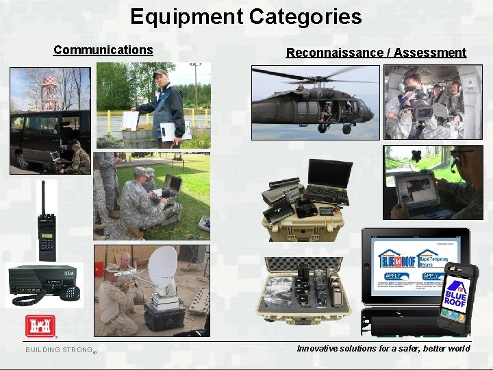 Equipment Categories Communications BUILDING STRONG® Reconnaissance / Assessment Innovative solutions for a safer, better Equipment Categories Communications BUILDING STRONG® Reconnaissance / Assessment Innovative solutions for a safer, better