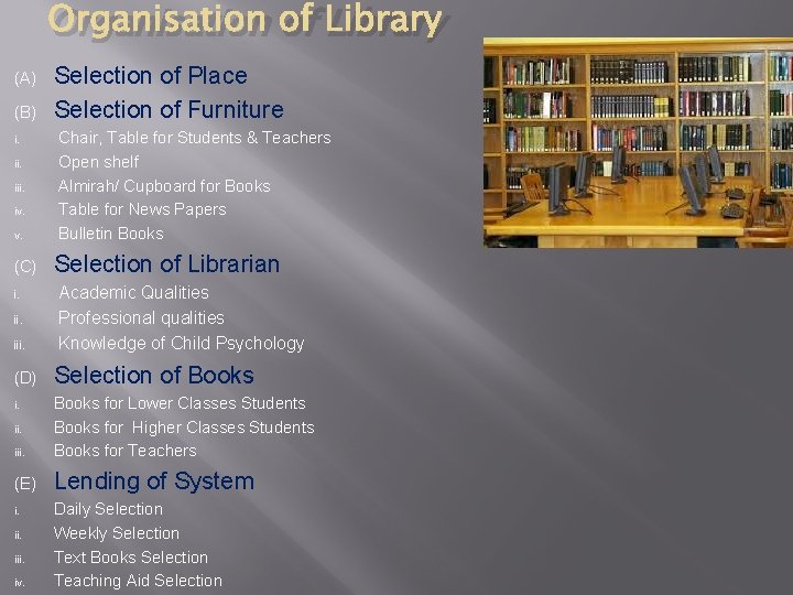 Organisation of Library (A) (B) i. iii. iv. v. (C) i. iii. (D) Selection