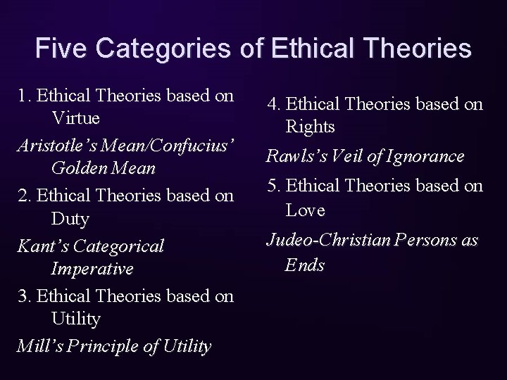 Five Categories of Ethical Theories 1. Ethical Theories based on Virtue Aristotle’s Mean/Confucius’ Golden