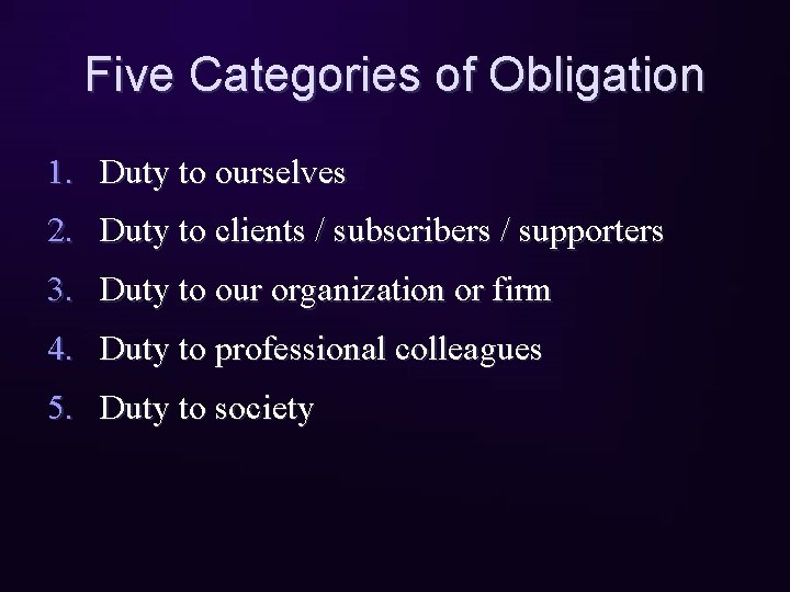Five Categories of Obligation 1. Duty to ourselves 2. Duty to clients / subscribers