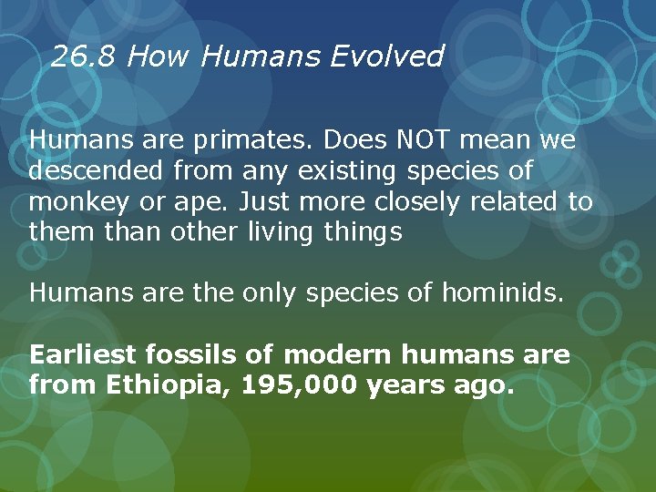 26. 8 How Humans Evolved Humans are primates. Does NOT mean we descended from