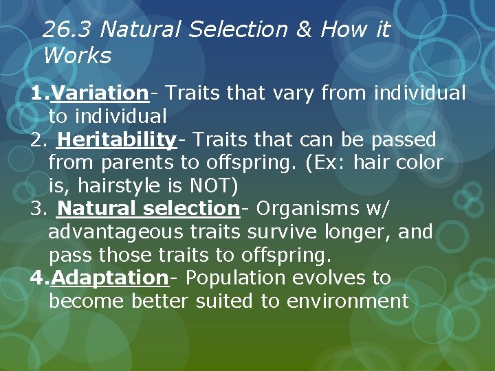26. 3 Natural Selection & How it Works 1. Variation- Traits that vary from