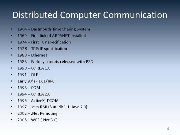 Distributed Computer Communication • • • • 1964 – Dartmouth Time Sharing System 1969