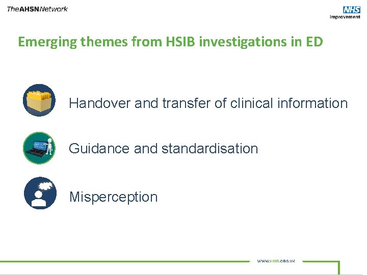 Emerging themes from HSIB investigations in ED Handover and transfer of clinical information Guidance