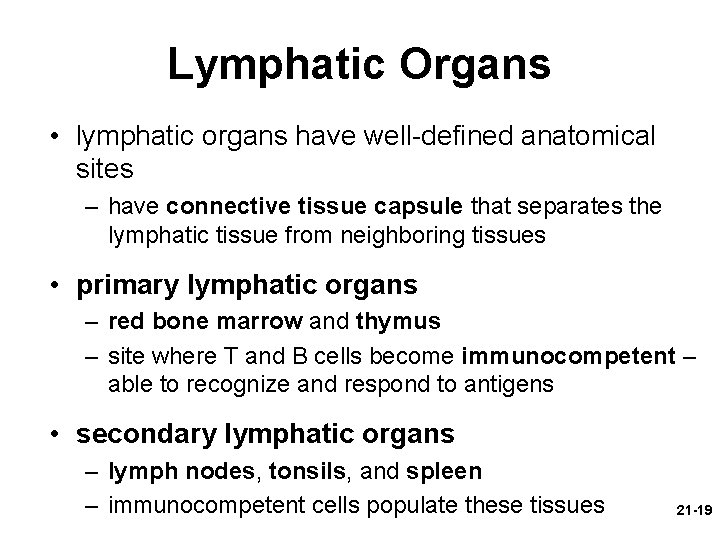 Lymphatic Organs • lymphatic organs have well-defined anatomical sites – have connective tissue capsule