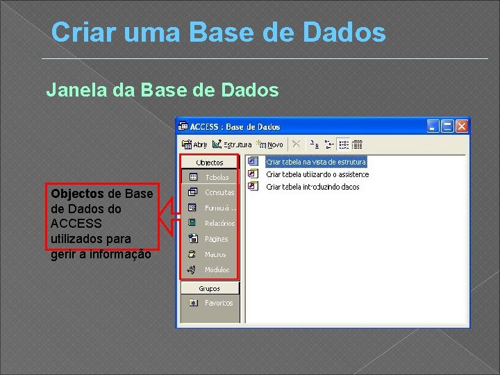 Criar uma Base de Dados Janela da Base de Dados Objectos de Base de