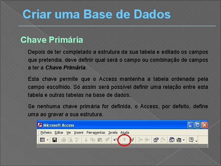 Criar uma Base de Dados Chave Primária Depois de ter completado a estrutura da