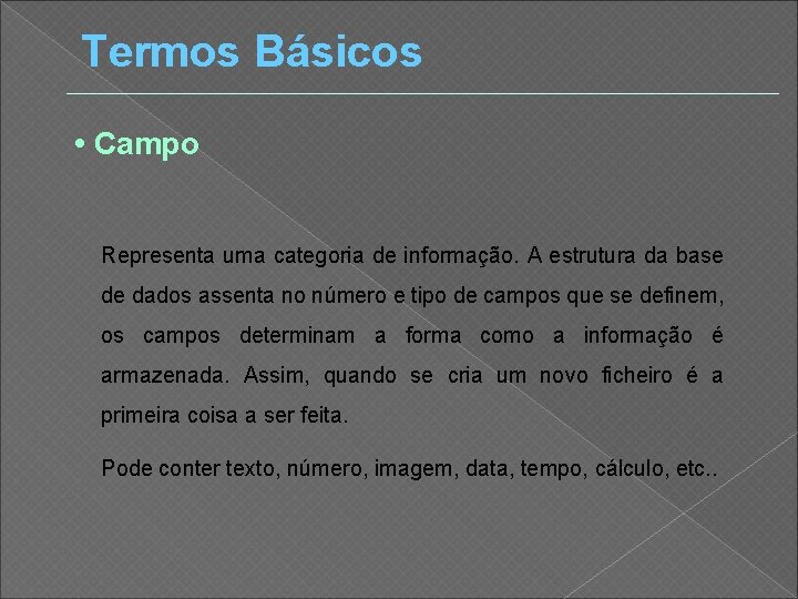 Termos Básicos • Campo Representa uma categoria de informação. A estrutura da base de