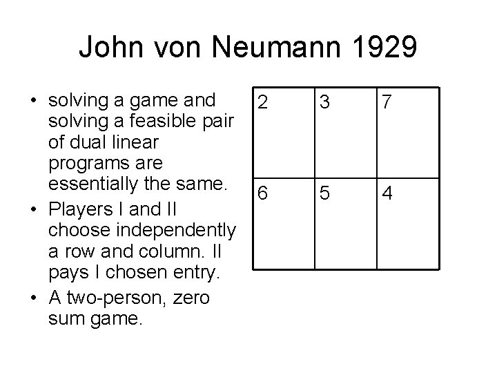 John von Neumann 1929 • solving a game and solving a feasible pair of