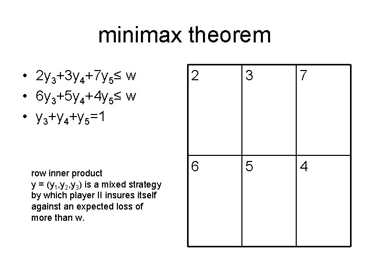 minimax theorem • 2 y 3+3 y 4+7 y 5≤ w • 6 y