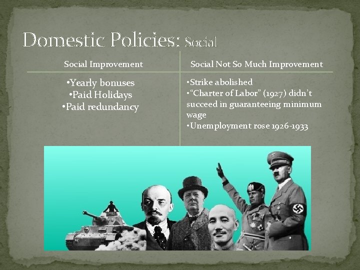 Domestic Policies: Social Improvement • Yearly bonuses • Paid Holidays • Paid redundancy Social