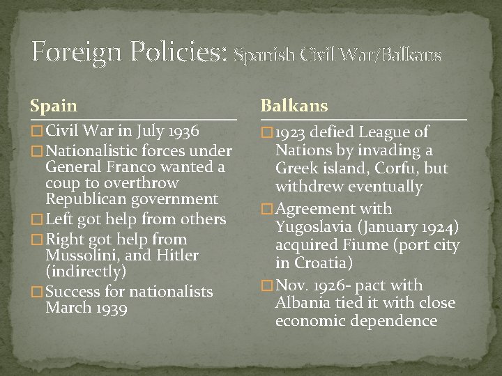 Foreign Policies: Spanish Civil War/Balkans Spain Balkans � Civil War in July 1936 �