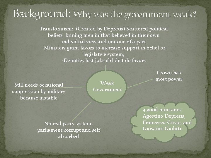 Background: Why was the government weak? Transformism: (Created by Depretis) Scattered political beliefs, brining