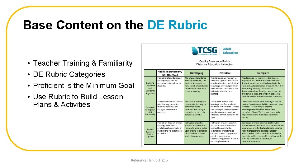 Base Content on the DE Rubric • • Teacher Training & Familiarity DE Rubric