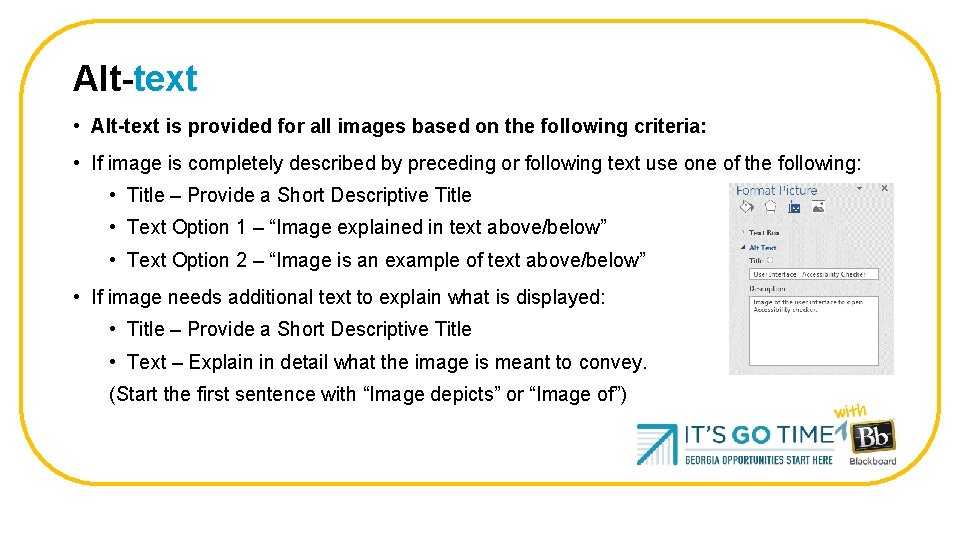 Alt-text • Alt-text is provided for all images based on the following criteria: •