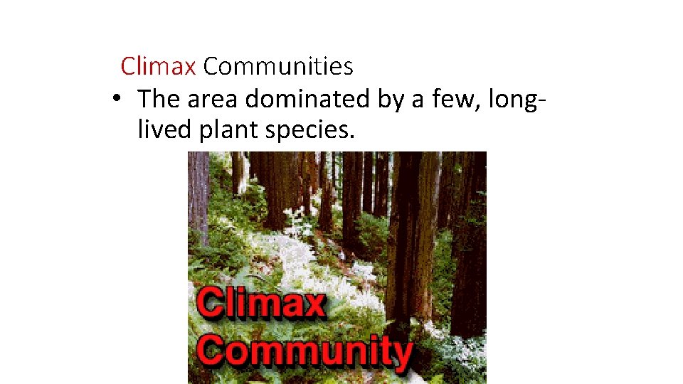 Climax Communities • The area dominated by a few, longlived plant species. 