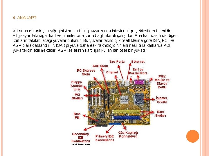 4. ANAKART Adından da anlaşılacağı gibi Ana kart, bilgisayarın ana işlevlerini gerçekleştiren birimidir. Bilgisayardaki