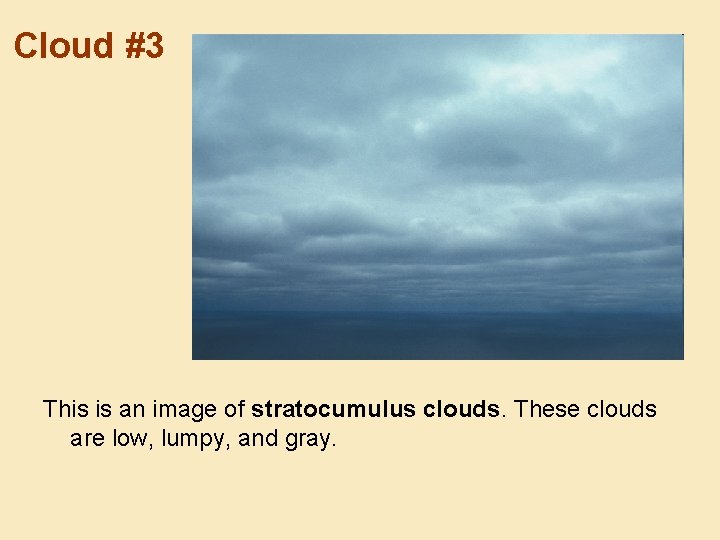 Cloud #3 This is an image of stratocumulus clouds. These clouds are low, lumpy,