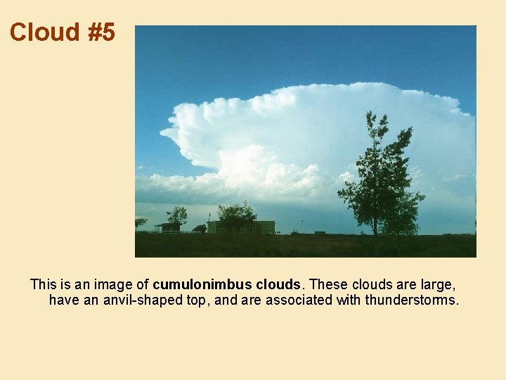 Cloud #5 This is an image of cumulonimbus clouds. These clouds are large, have