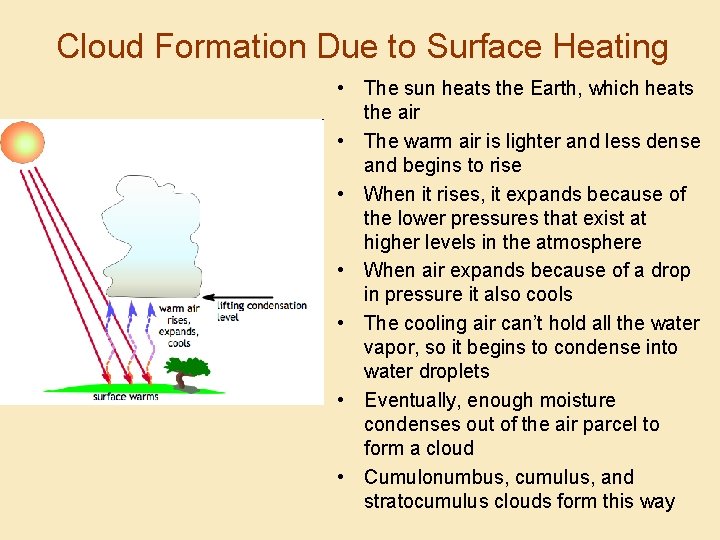 Cloud Formation Due to Surface Heating • The sun heats the Earth, which heats